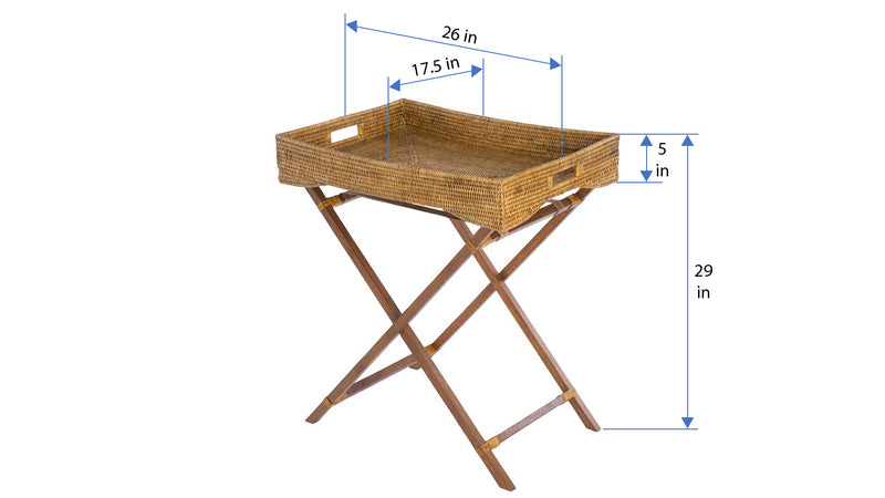 Kouboo La Jolla Rattan Butler Tray With Folding Teak Wood Stand