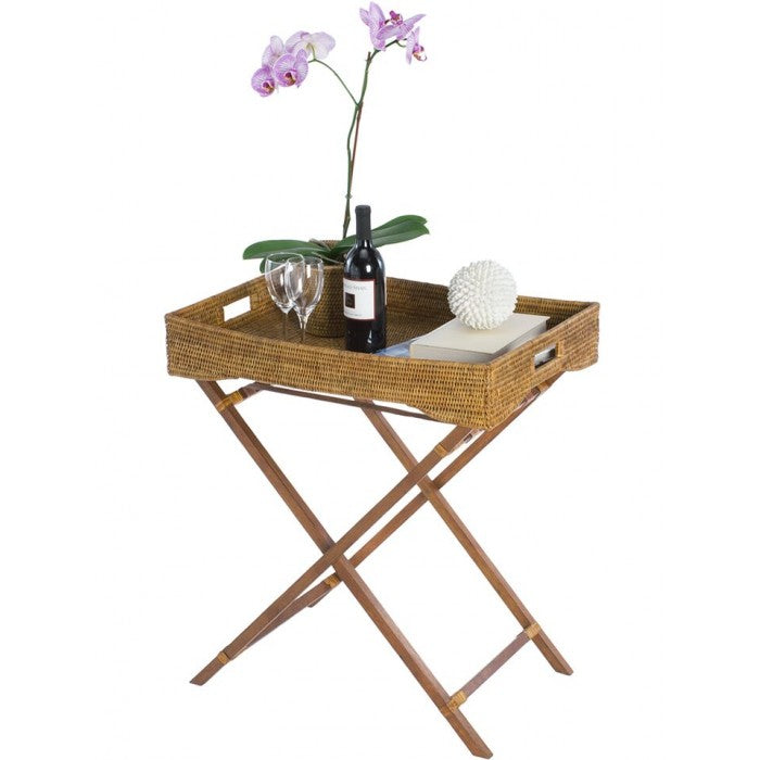 Kouboo La Jolla Rattan Butler Tray With Folding Teak Wood Stand