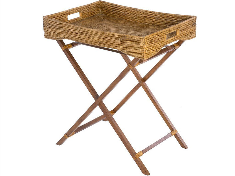 kouboo La Jolla Rattan Butler Tray with Folding Teak Wood Stand