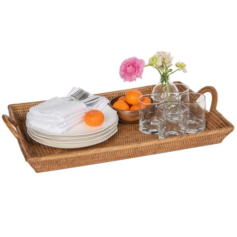 Kouboo La Jolla Rattan Decorative Serving Tray With Ear Handles For Breakfast & Dinner Ottoman Tray