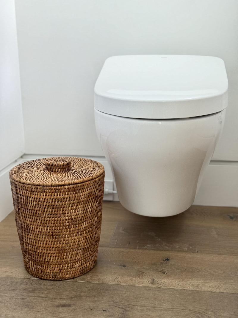Kouboo La Jolla Rattan Round Waste Basket With Plastic Insert & Lid. Small