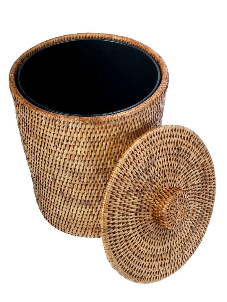 Kouboo La Jolla Rattan Round Waste Basket With Plastic Insert & Lid. Small