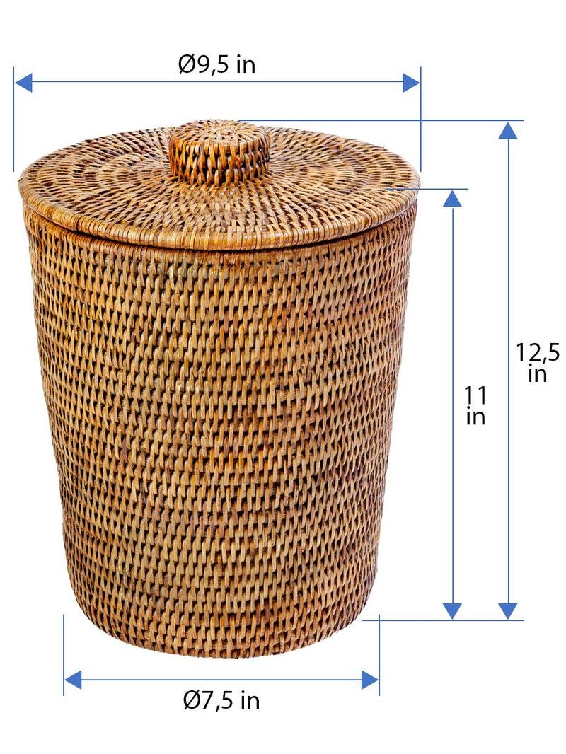Kouboo La Jolla Rattan Round Waste Basket With Plastic Insert & Lid. Small