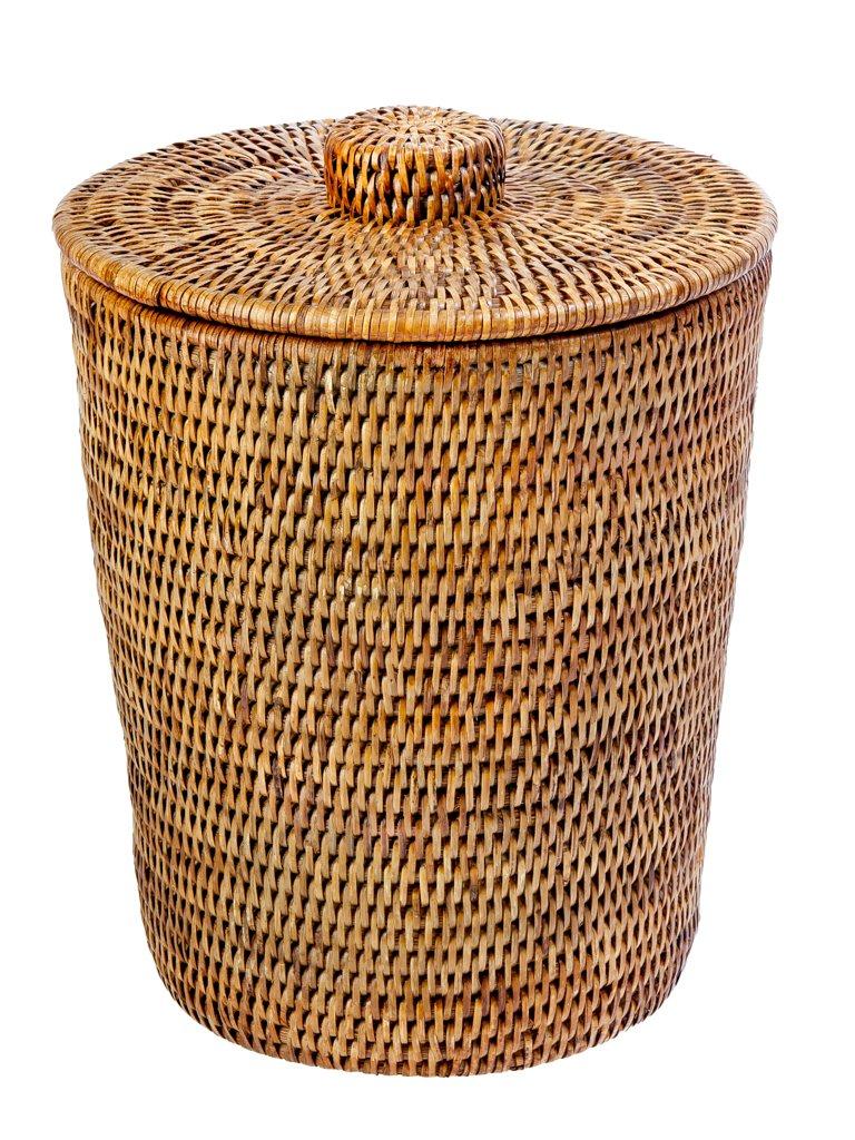 kouboo La Jolla Rattan Round Waste Basket with Plastic Insert & Lid. Small