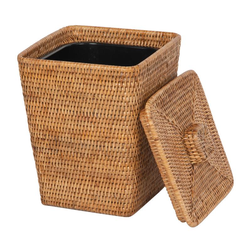 Kouboo La Jolla Rattan Square Paper Waste Basket And Trash Bin With Lid And Plastic Insert