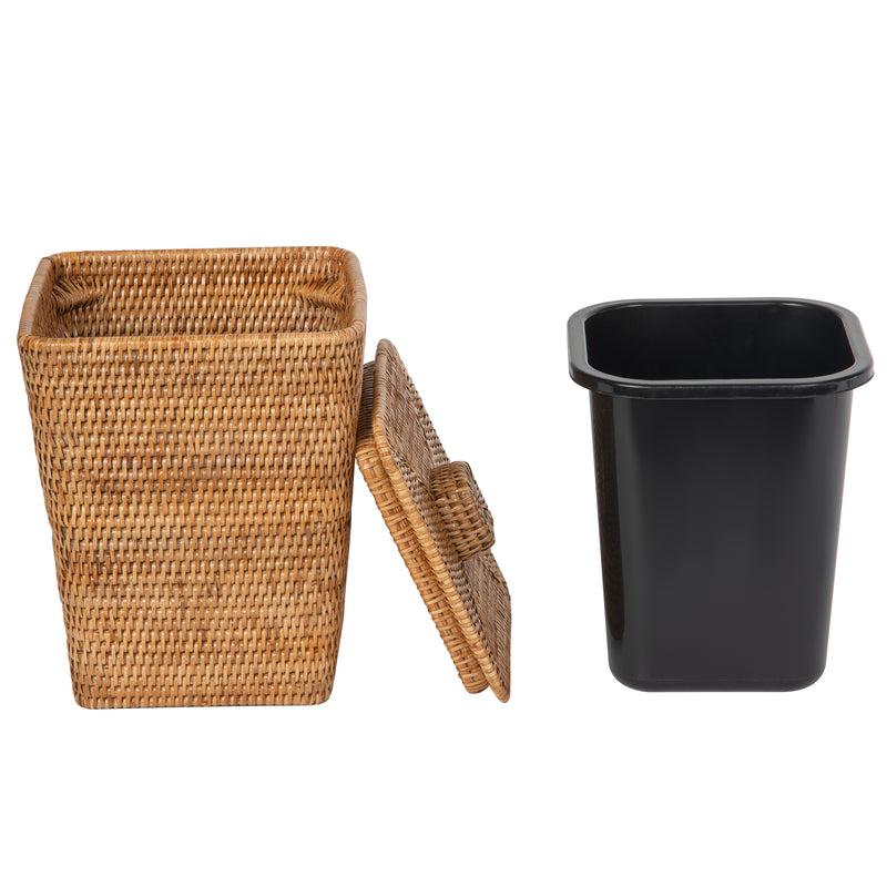 Kouboo La Jolla Rattan Square Paper Waste Basket And Trash Bin With Lid And Plastic Insert