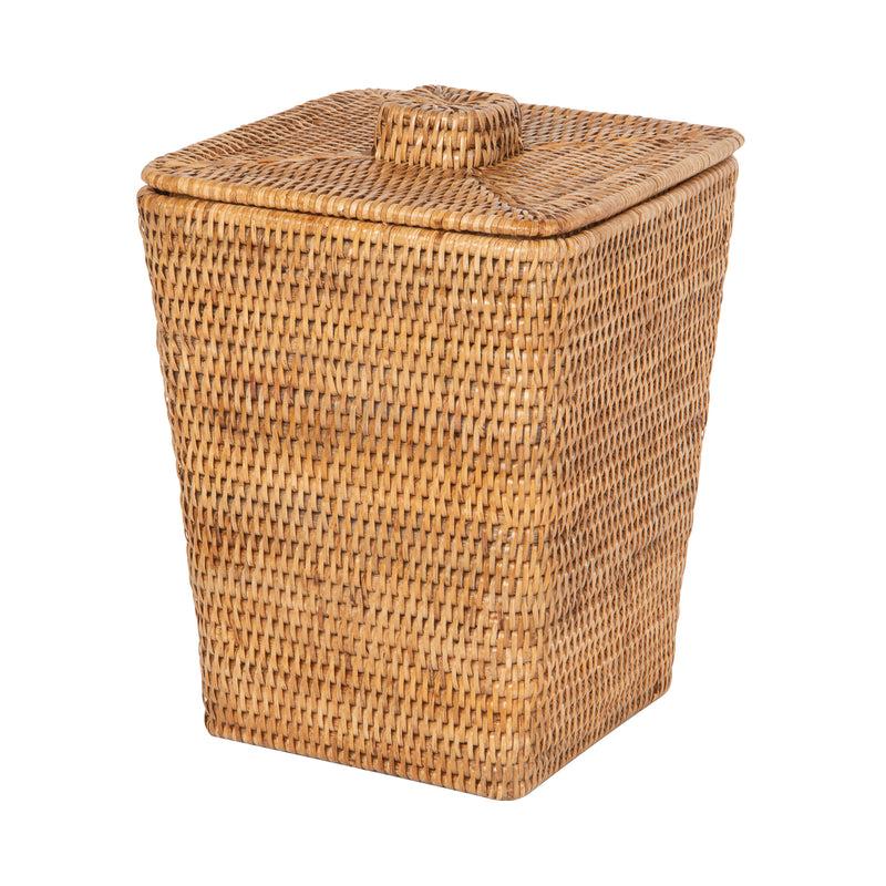 kouboo La Jolla Rattan Square Paper Waste Basket and Trash Bin with Lid and Plastic Insert