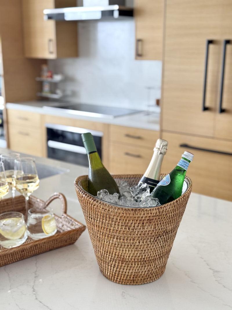 Kouboo La Jolla Round Acrylic Wine & Beer Chiller In Rattan Basket Honey-Brown