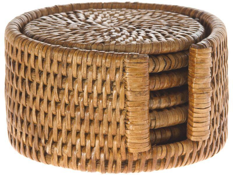 kouboo La Jolla Round Rattan Coasters with Holder Set of 6