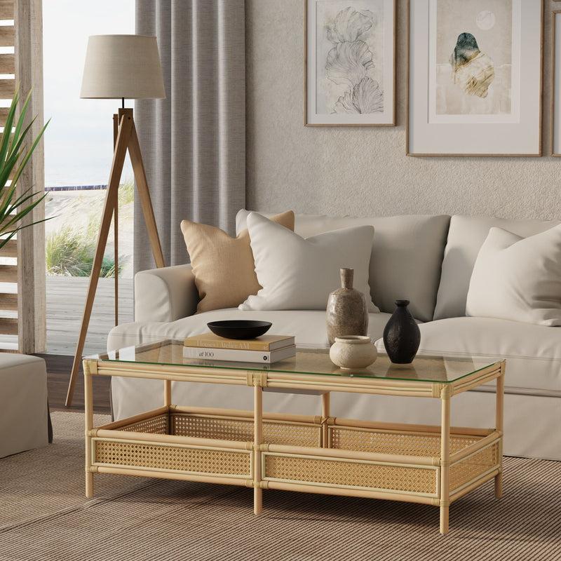 Kouboo Latitude Rattan Cane 2-Tier Open Shelf Rectangular Coffee Table With Glass Top Natural