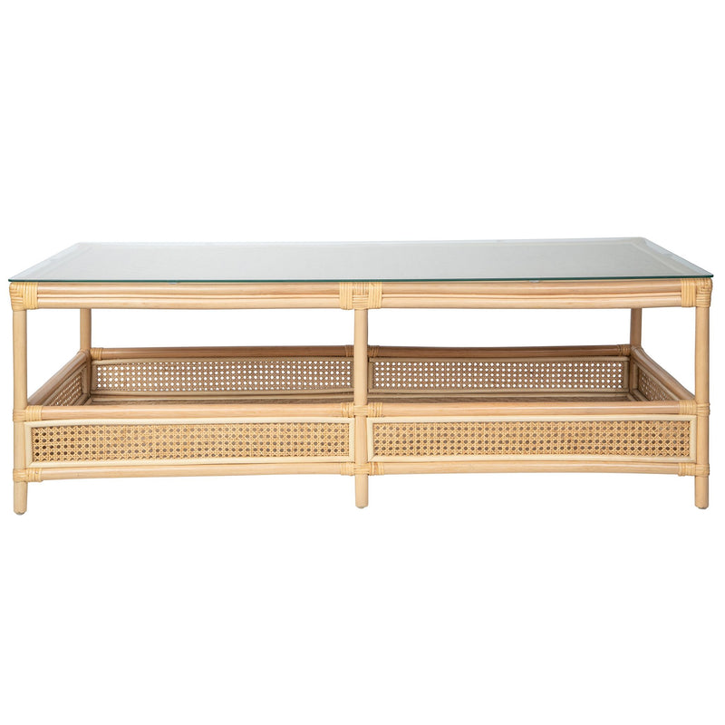 Kouboo Latitude Rattan Cane 2-Tier Open Shelf Rectangular Coffee Table With Glass Top Natural