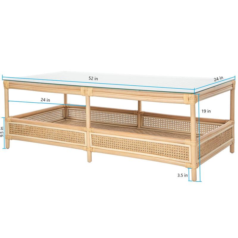 Kouboo Latitude Rattan Cane 2-Tier Open Shelf Rectangular Coffee Table With Glass Top Natural