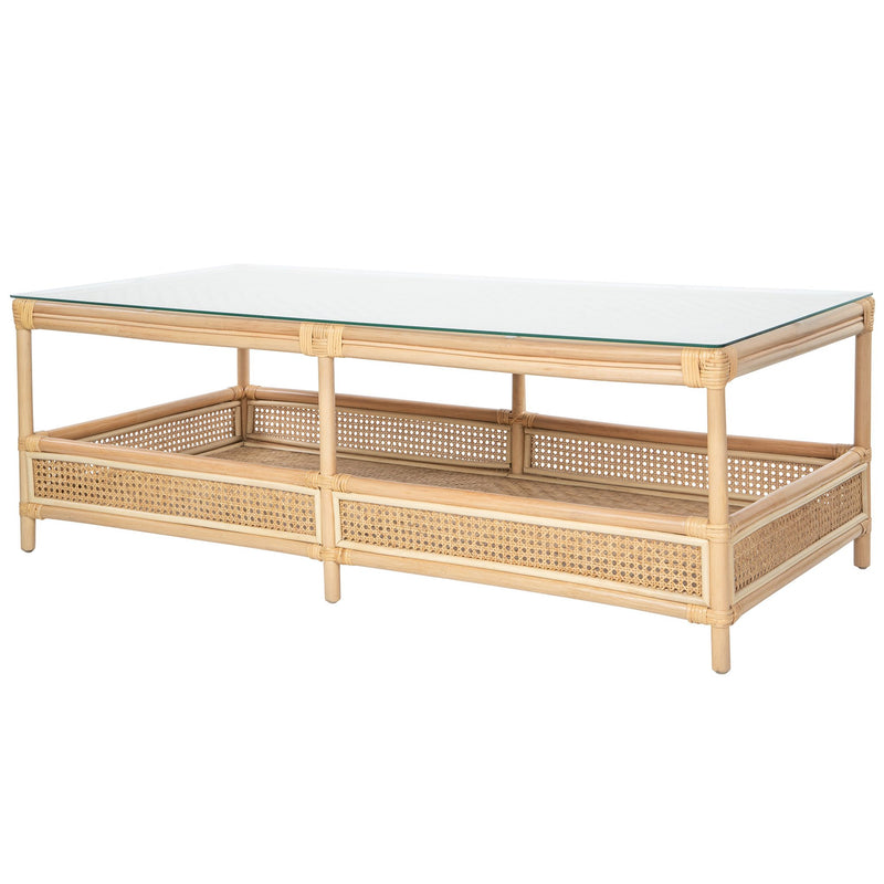 kouboo Latitude Rattan Cane 2-Tier Open Shelf Rectangular Coffee Table with Glass Top Natural