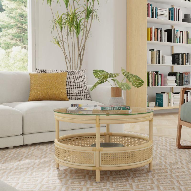 Kouboo Latitude Rattan Cane Round 2-Tier Open Shelf Coffee Table With Glass Top Natural