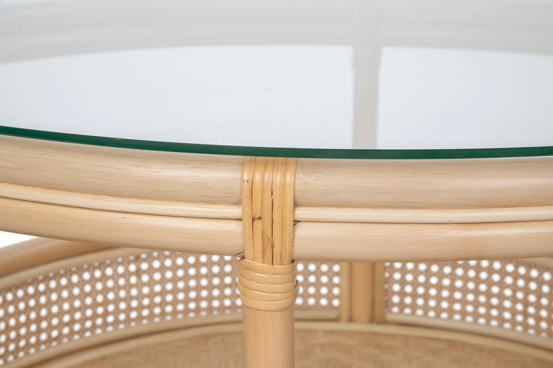 Kouboo Latitude Rattan Cane Round 2-Tier Open Shelf Coffee Table With Glass Top Natural