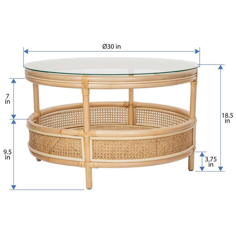 Kouboo Latitude Rattan Cane Round 2-Tier Open Shelf Coffee Table With Glass Top Natural