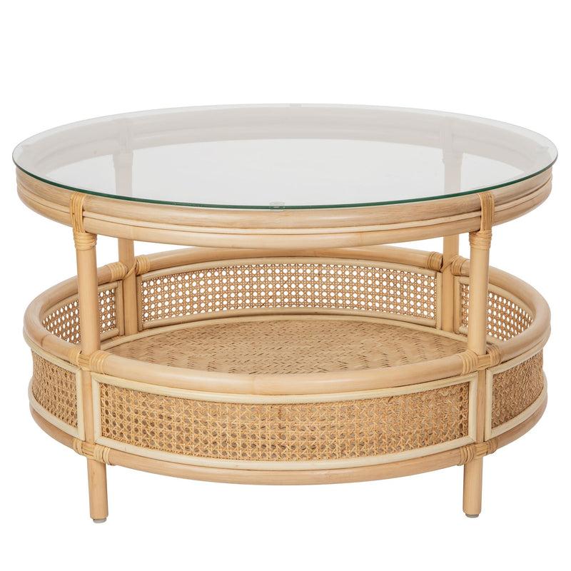 kouboo Latitude Rattan Cane Round 2-Tier Open Shelf Coffee Table with Glass Top Natural