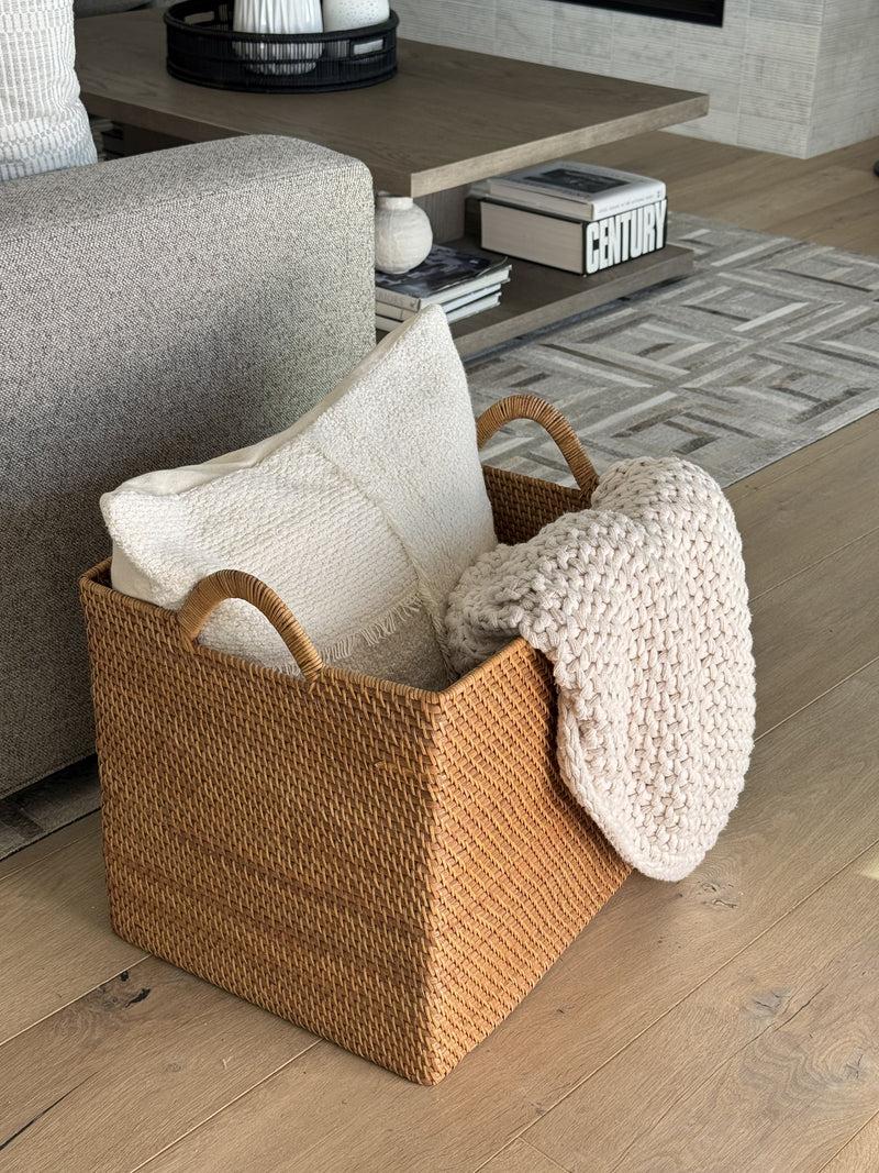 Kouboo Loma Rectangular Decorative Rattan Storage Basket With Ear Handles Large