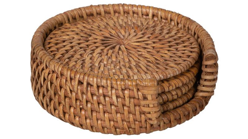 Kouboo Loma Round Rattan Coasters With Holder Set Of 4 Coasters