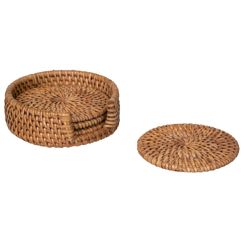 kouboo Loma Round Rattan Coasters with Holder Set of 4 Coasters