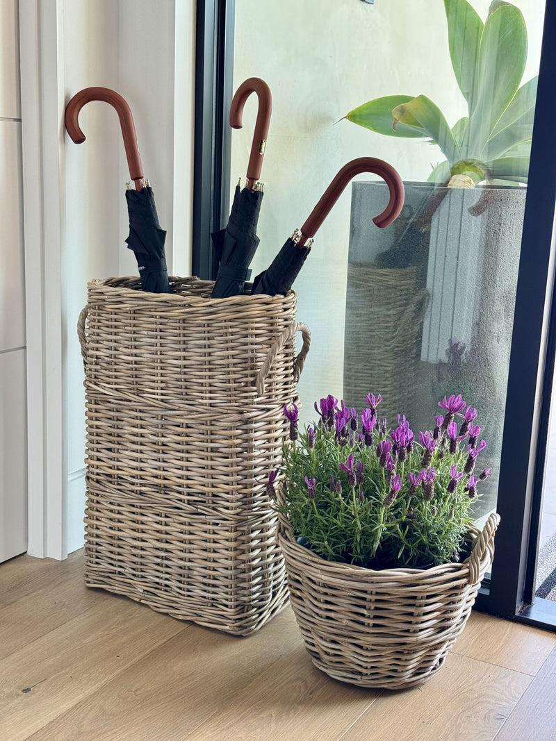 Kouboo Oval Kobo Umbrella Holder With Galvanized Tin Drip Tray And Handles Gray Brown