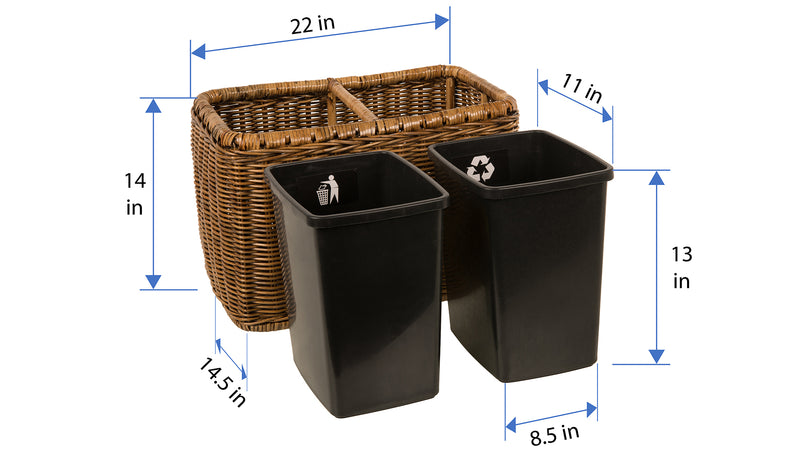 Kouboo Rattan Double Waste Basket With Plastic Inserts Antique Brown