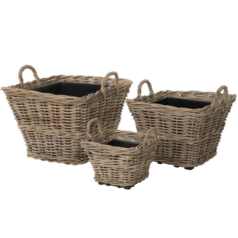 kouboo Rattan Kobo Indoor & Outdoor Square Planter Basket with Ear Handles & Plastic Pot