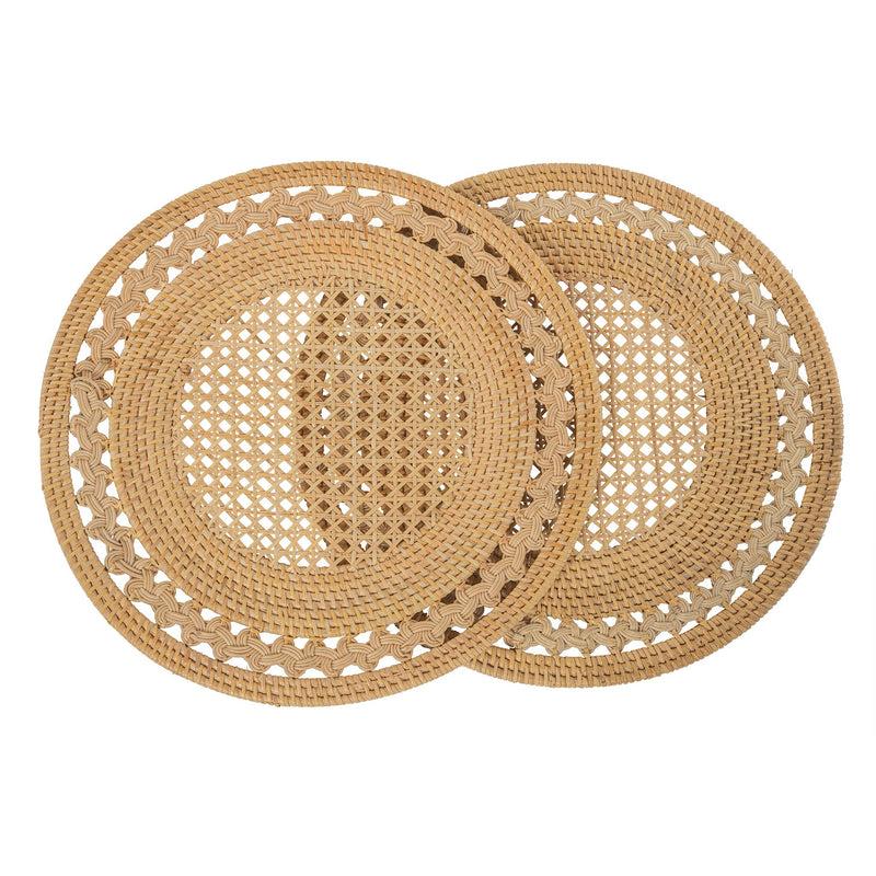 kouboo Round 15 in. Rattan Decorative Placemats (Set of 2 pc) with Braided Edge Natural Color kouboo Round 15 in. Rattan Decorative Placemats (Set of 2 pc) with Braided Edge Natural Color