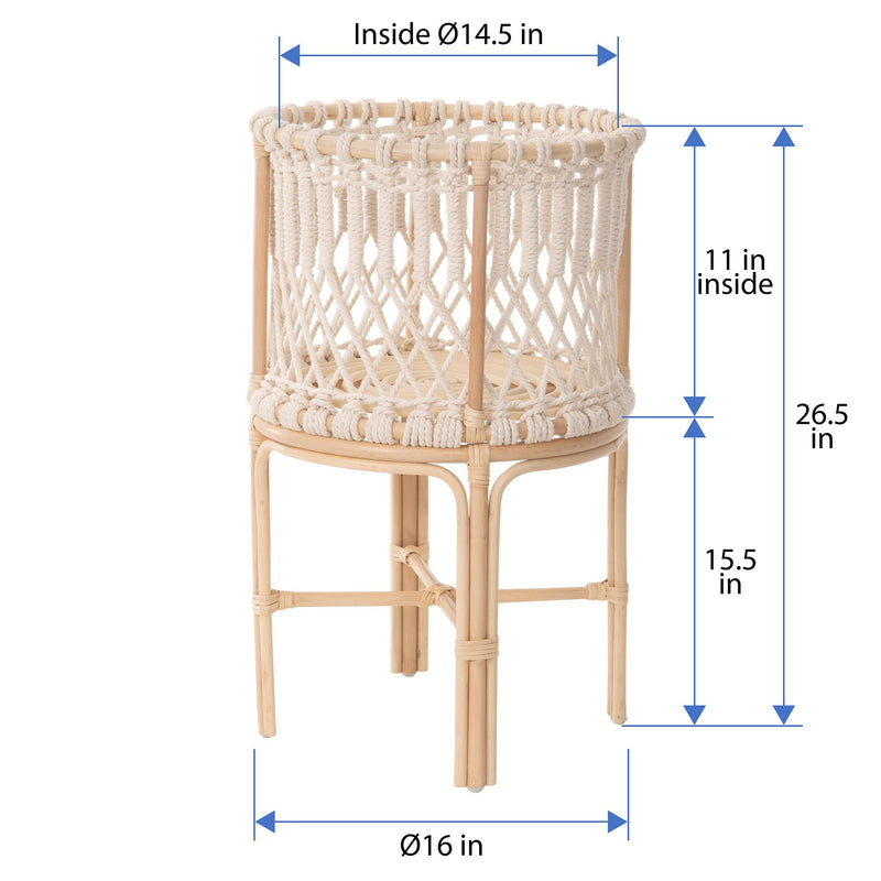 Kouboo Round Rattan Planter Stand With Handmade White Cotton Rope Macrame For Indoor Use