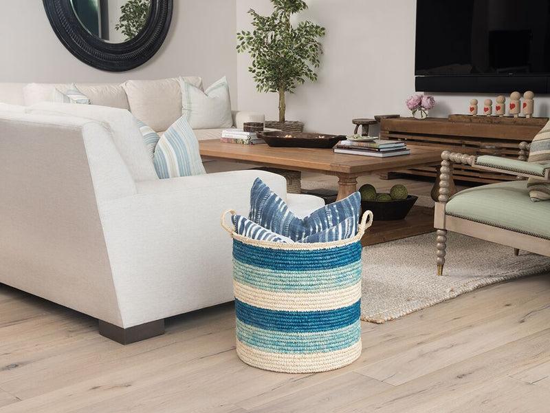 Kouboo Round Sisal Storage Basket With Handles Turquoise Dark Blue And Natural