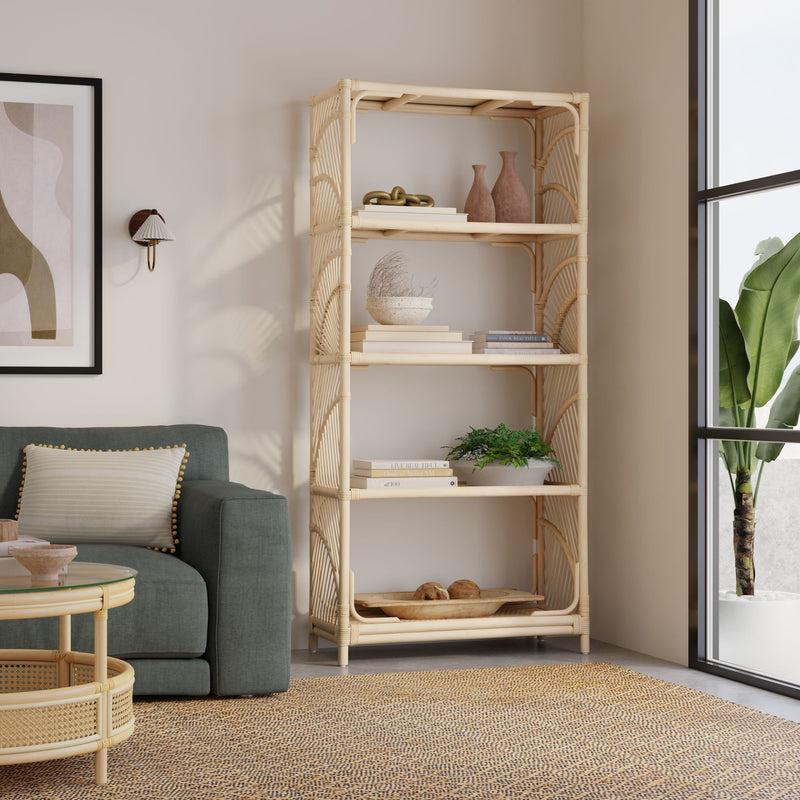 Kouboo Sunrise Natural Rattan Bookshelf With 4 Shelves - Freestanding Display Shelving Unit - Storage Bookshelf