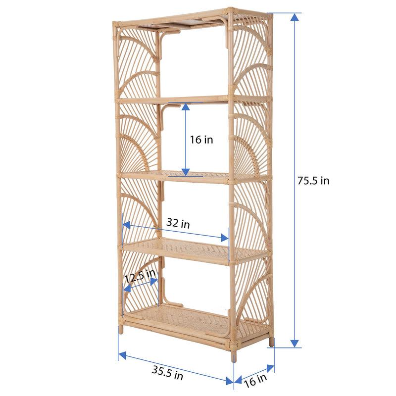 Kouboo Sunrise Natural Rattan Bookshelf With 4 Shelves - Freestanding Display Shelving Unit - Storage Bookshelf