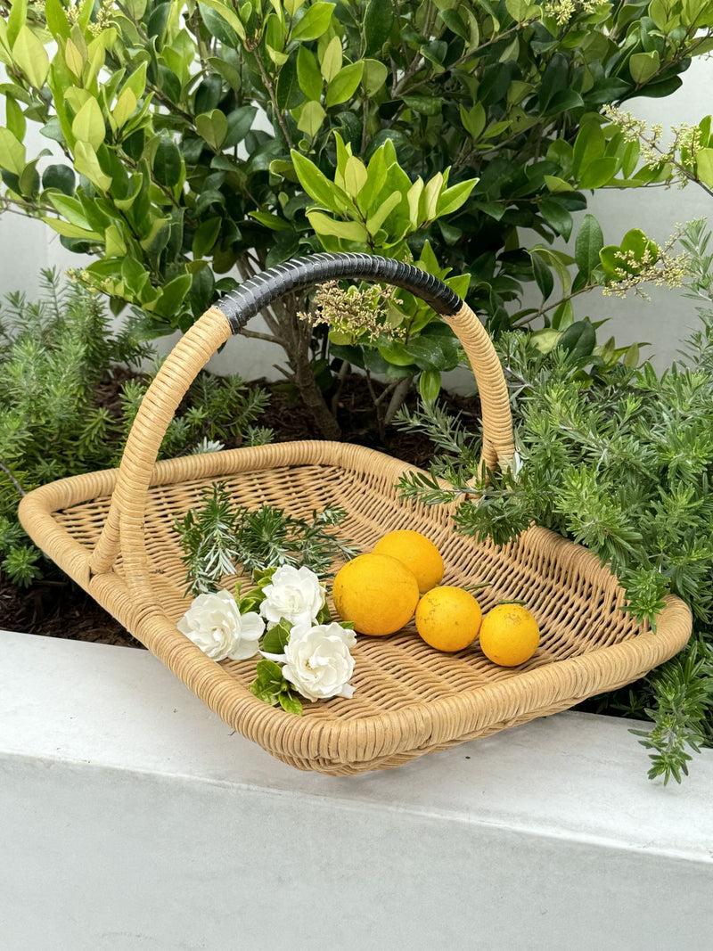 Kouboo Vegetable And Flower Wicker Basket With Leather Wrapped Arch Handle Natural Color