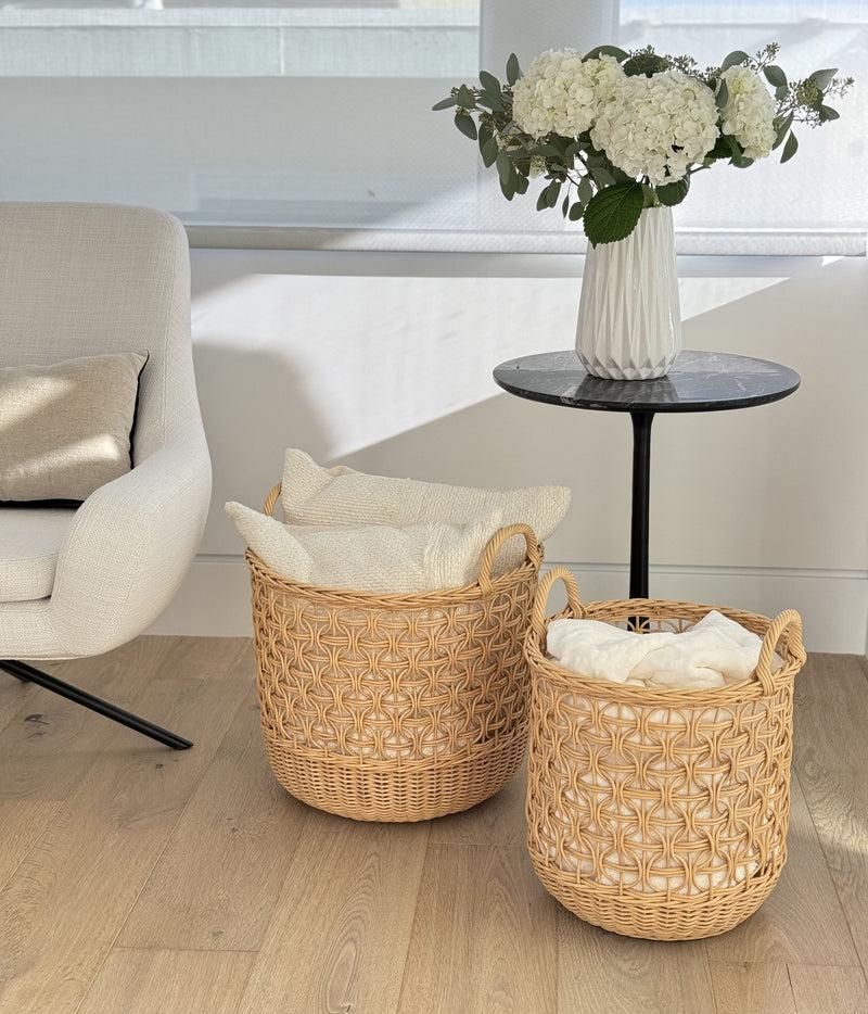 Kouboo Wave Natural Rattan Basket With Handles - Elegant Braided Weave
