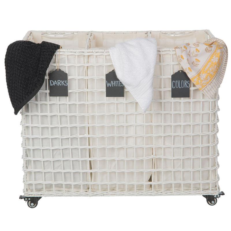 Kouboo Wicker 3-Bag Rolling Laundry Sorter & Hamper With Caster Wheels