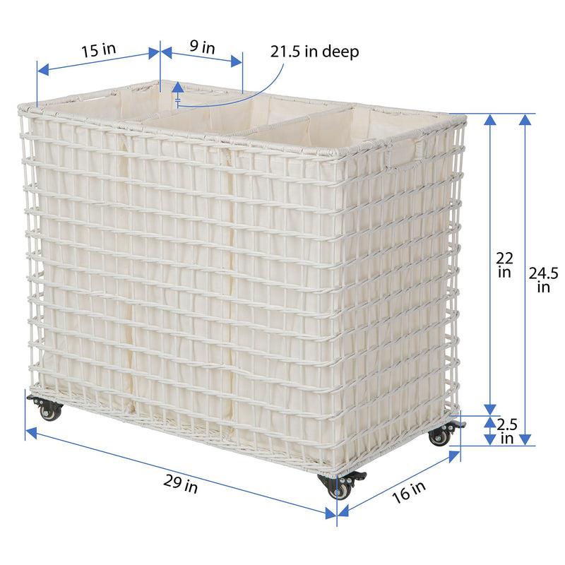 Kouboo Wicker 3-Bag Rolling Laundry Sorter & Hamper With Caster Wheels