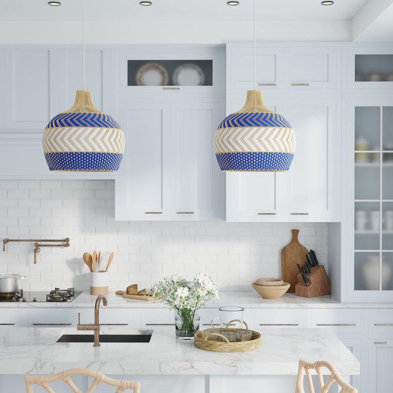 Kouboo Wicker And Polyrattan Pear Shaped Arrow Pendant Lamp White & Navy Blue Diam 18 Inches