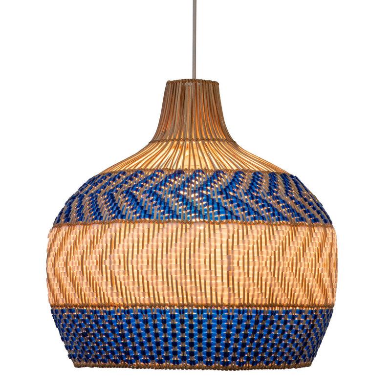Kouboo Wicker And Polyrattan Pear Shaped Arrow Pendant Lamp White & Navy Blue Diam 18 Inches