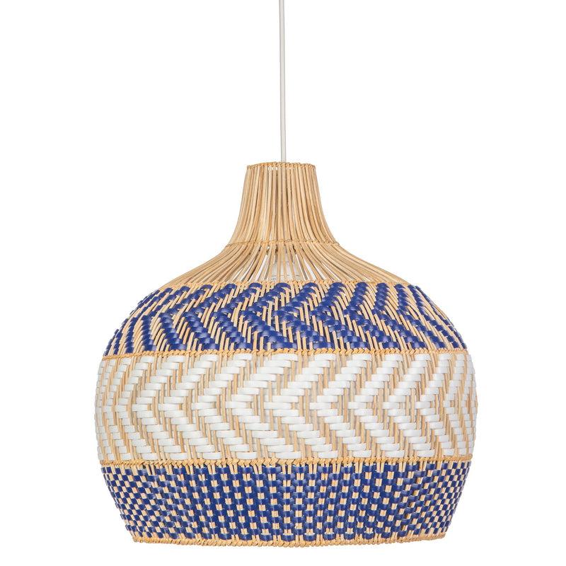 kouboo Wicker and Polyrattan Pear Shaped Arrow Pendant Lamp White & Navy Blue Diam 18 Inches