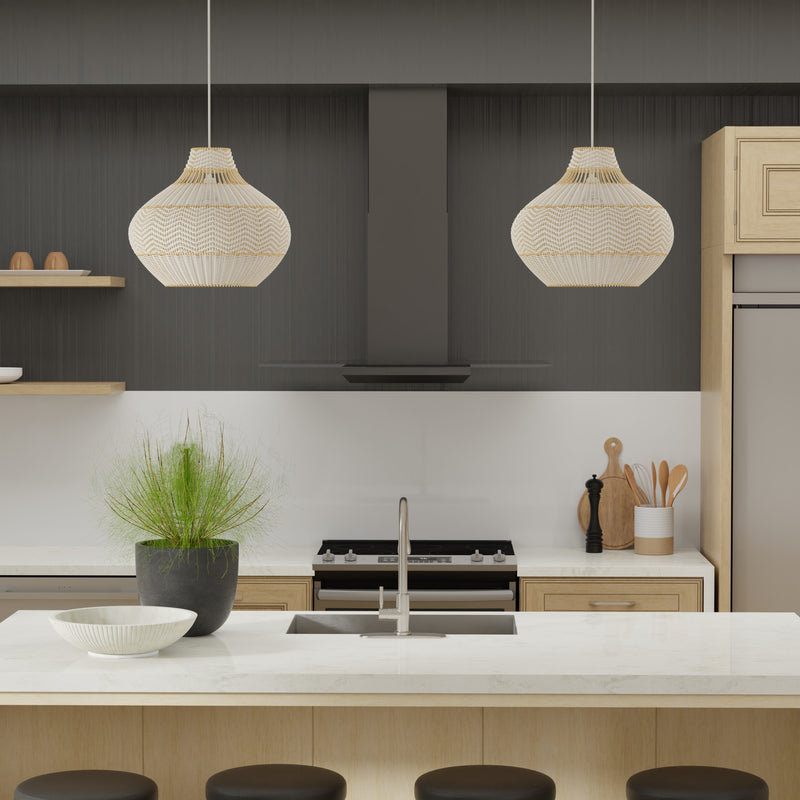 Kouboo Wicker And Polyrattan Pear Shaped Zig-Zag Pendant Lamp White Diam 18 Inches