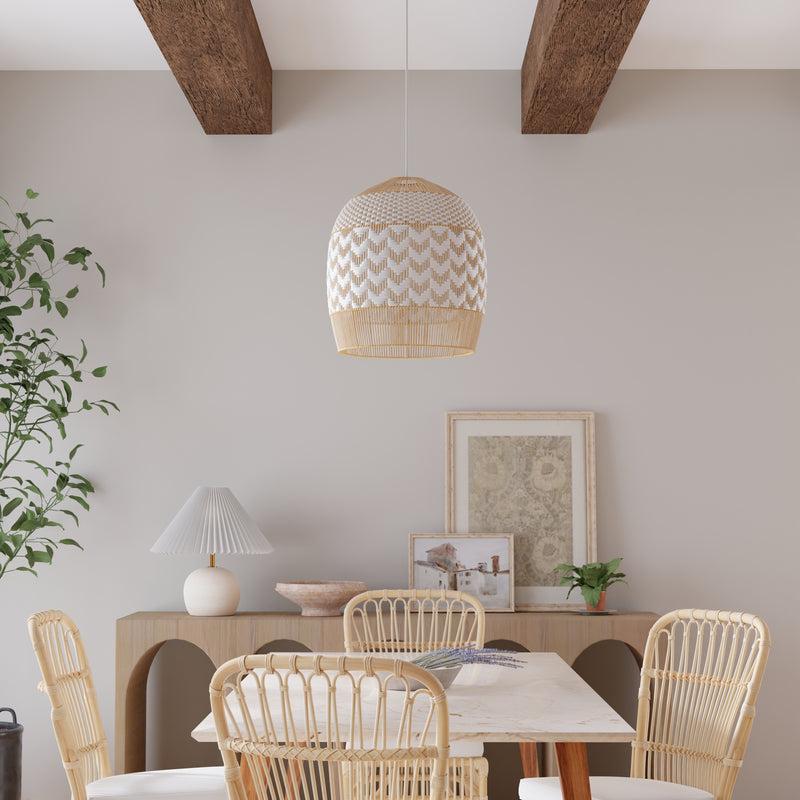 Kouboo Wicker And Polyrattan Tulip Shaped Chevron Pendant Lamp White Diam 19.5 Inches