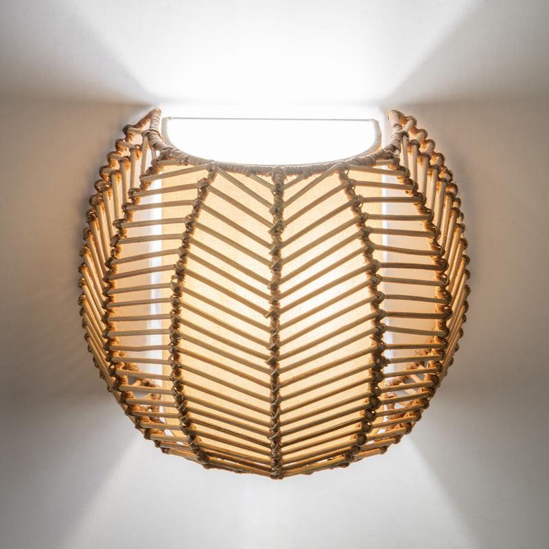 Kouboo Wicker Rib Half-Sphere Indoor Wall Sconce With Whie Fabric Light Diffuser Natural