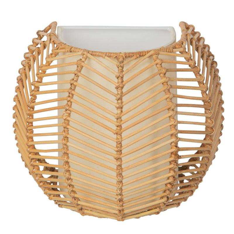 kouboo Wicker Rib Half-Sphere Indoor Wall Sconce with Whie Fabric Light Diffuser Natural