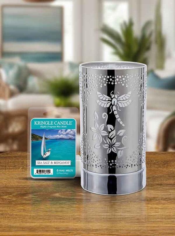 Kringle Candle 7" Touch Lamp Wax Melts Warmer-Metal Silver Dragonfly Table Decor