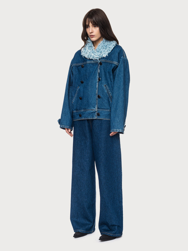 Ksenia Schnaider Denim Jacket With Denim Fur Collar