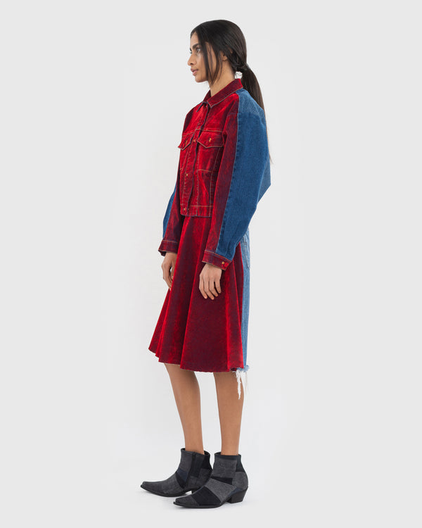 Ksenia Schnaider Red Velours Skirt With Denim Back Part