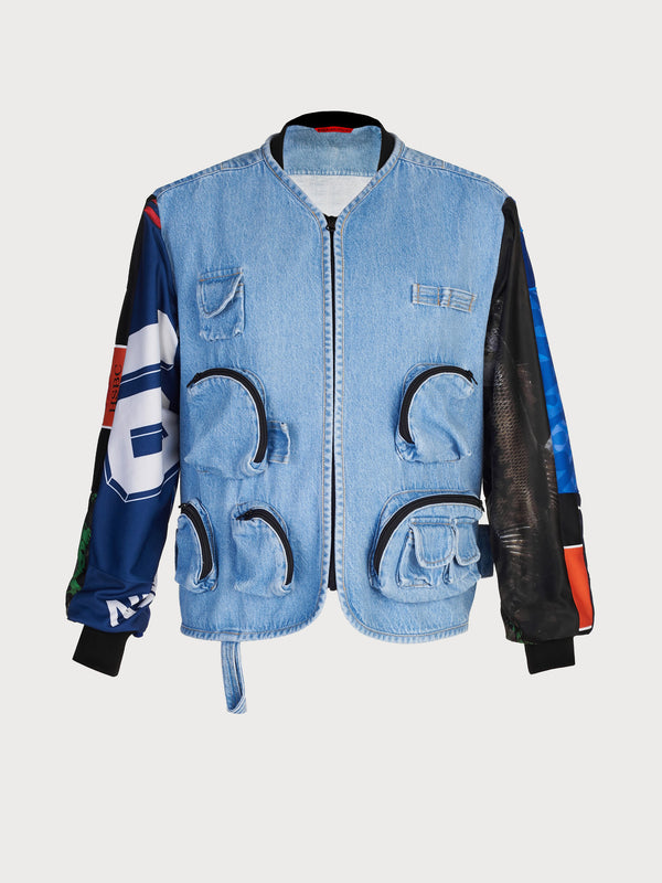 ksenia schnaider Reworked Denim Jacket with Vintage Sports Sleeves