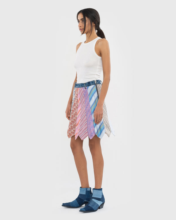 Ksenia Schnaider Tie-Madness Skirt With Blue Denim Belt