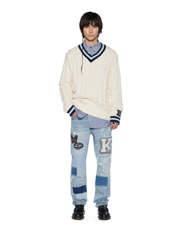 Ksubi Princeton Cable Knit V Neck Vintage White WHITE