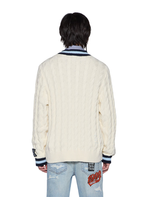 Ksubi Princeton Cable Knit V Neck Vintage White WHITE